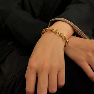 * NEW 925 Sterling Silver Geometric Lock Chain U Shape Punk Hasp Gold Bracelet